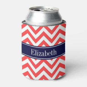 Rafraîchisseur Pour Canette Rouge Corail Blanc Chevron LG Bleu Marine Monogram