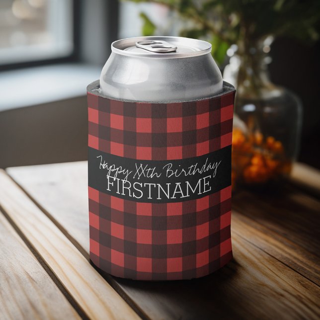 Rafraîchisseur Pour Canette Rouge rustique et noir Buffalo plaqué fête d'anniv (Personalized Can Cooler - Add Custom Text or Name)