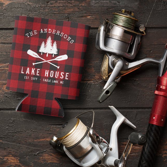 Rafraîchisseur Pour Canette Rustic Family Lake maison Arbres Red Buffalo Plaid (Créateur téléchargé)
