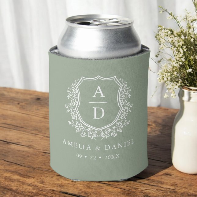 Rafraîchisseur Pour Canette Sage Green Crest Moderne Monogramme Mariage (Créateur téléchargé)