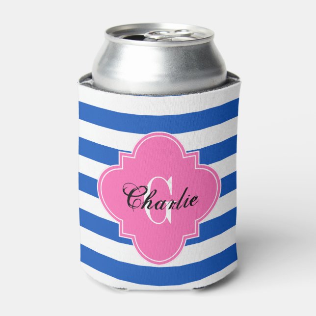 Rafraîchisseur Pour Canette Saphir Bleu Horiz Stripe Nom Init Monogramme (Can devant)