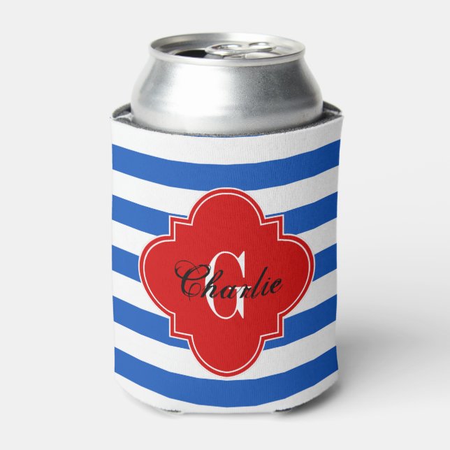Rafraîchisseur Pour Canette Saphir Bleu Wt Rayure Horizontale Monogramme Nom I (Can devant)