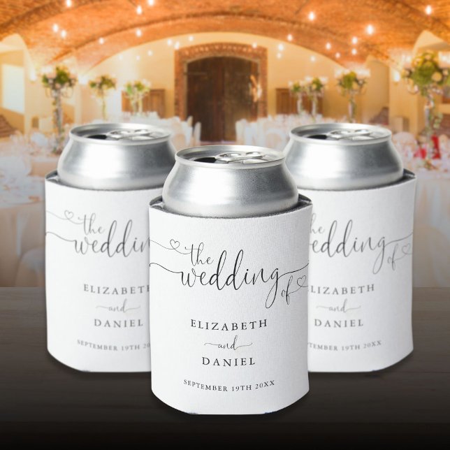 Rafraîchisseur Pour Canette Script de mariage à coeur noir et blanc (Black And White Heart Script Wedding Can Cooler)