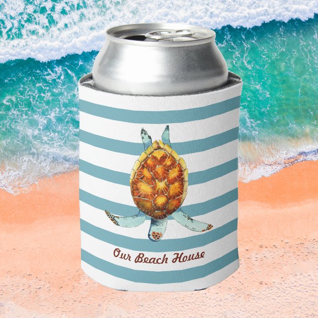 Rafraîchisseur Pour Canette Sea Turtle Our Beach House on Dark Aqua Stripes (Créateur téléchargé)
