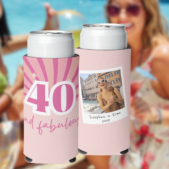 Rafraîchisseur Pour Canette Slim 40 et fabuleux anniversaire de photo rose (40 and fabulous personalized photo can cooler, retro 40th birthday party gift)