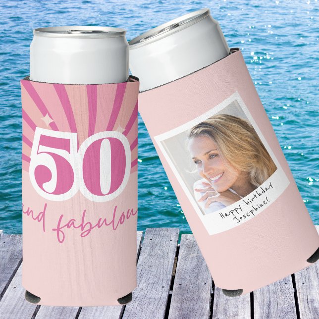 Rafraîchisseur Pour Canette Slim 50 et fabuleux AVEC PHOTO, anniversaire rétro (50 and fabulous personalized photo can cooler, retro 50th birthday party gift)