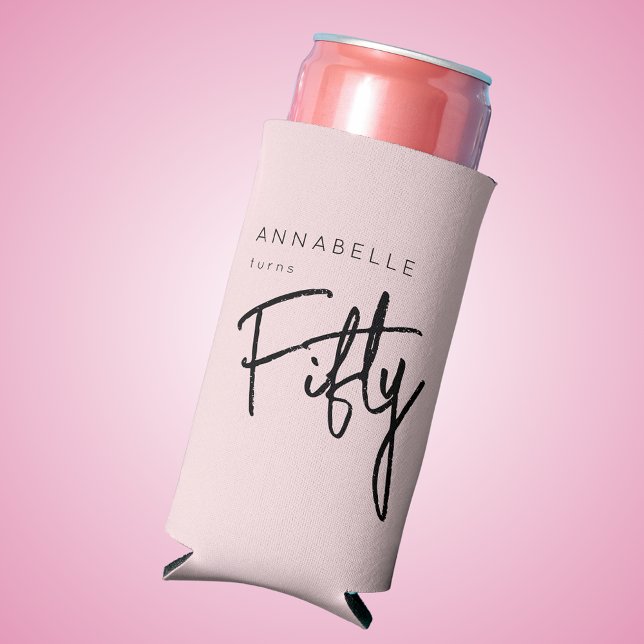 Rafraîchisseur Pour Canette Slim 50ème cinquantième anniversaire moderne (Blush pink 50th birthday can cooler. Personalize with name. Contact me for help adding other details)