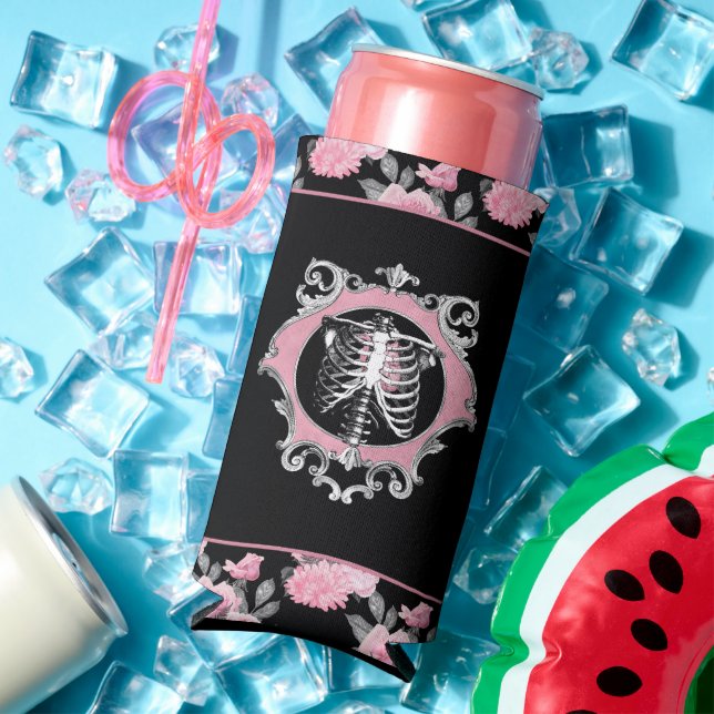 Rafraîchisseur Pour Canette Slim Amour gothique | Squelette rose et noir Coeur flor (Été in situ)