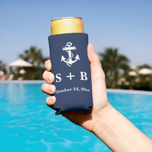 Rafraîchisseur Pour Canette Slim Ancre Bleue Marine Plage Nautique Mariage Océan