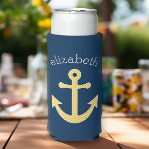 Rafraîchisseur Pour Canette Slim Ancre nautique avec Motif Navy Jaune Chevron