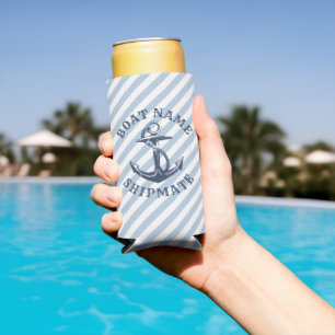 Rafraîchisseur Pour Canette Slim Ancre nautique Bleu Bleu Blancs Personnalisé