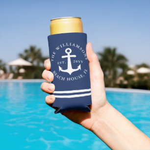 Rafraîchisseur Pour Canette Slim Ancre nautique Maison de plage Bleue et Blanc
