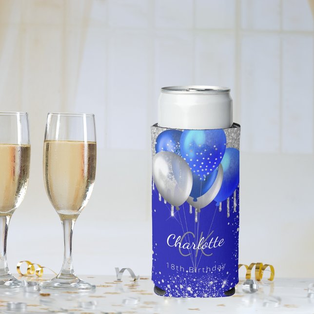 Rafraîchisseur Pour Canette Slim Anniversaire royal bleu or ballons nom monogramme (Créateur téléchargé)