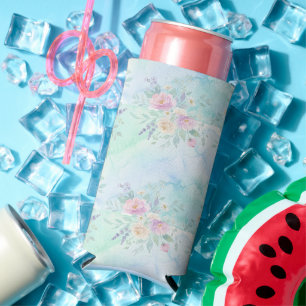 Rafraîchisseur Pour Canette Slim arc-en-ciel floral pastel aquarelle fond bleu vert