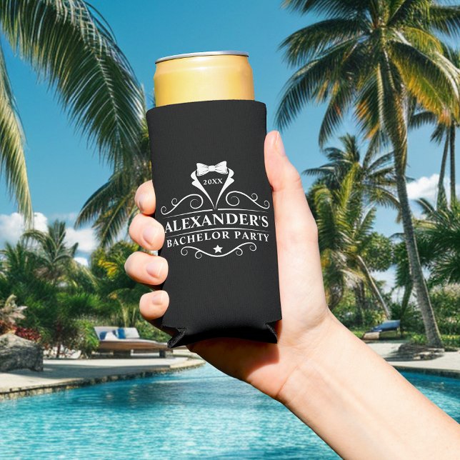 Rafraîchisseur Pour Canette Slim Bachelor Party Tuxedo Cravate noir (Customize to change text size, color or text style.)