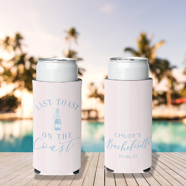 Rafraîchisseur Pour Canette Slim Bachelorette Moderne Côtière Pâte De Plat (Last Toast on the Coast drink koozie | Perfect for beachside bachelorette sips and sunset cheers!)