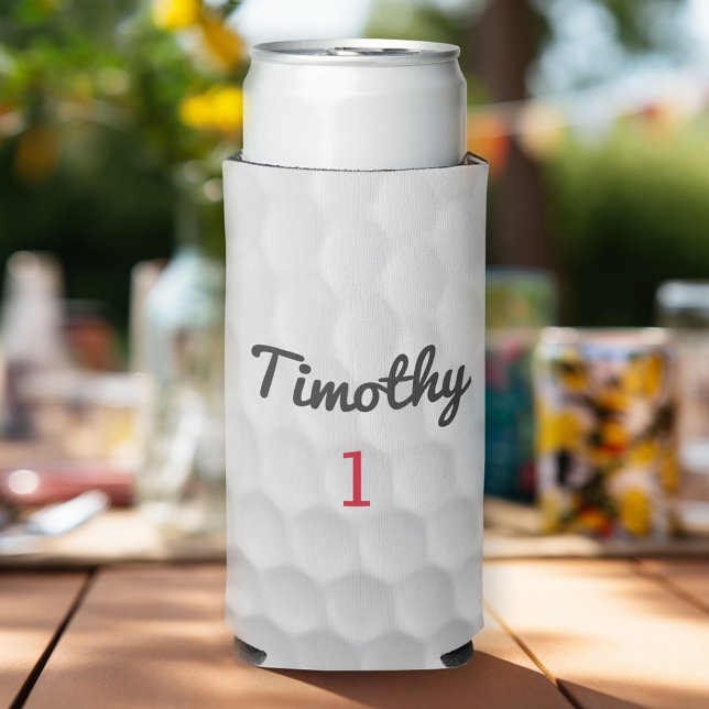 Rafraîchisseur Pour Canette Slim Ball de golf Dimples avec nom noir Numéro rouge (Personalize this golf-themed can cooler!)