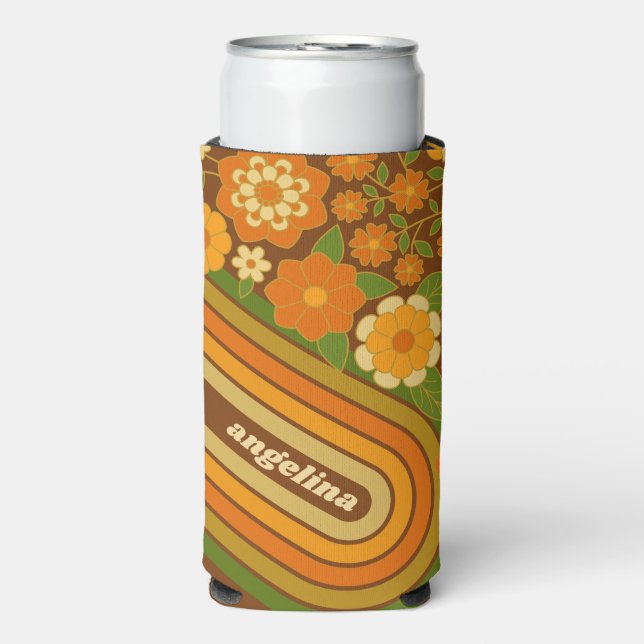 Rafraîchisseur Pour Canette Slim Bandes rétro et Fleurs funky avec nom personnalisé (Seltzer Recto)