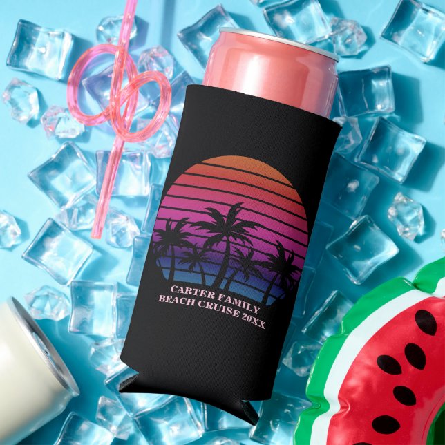 Rafraîchisseur Pour Canette Slim Beach Party Tropical Sunset Pink Black Palm Trees (Été in situ)