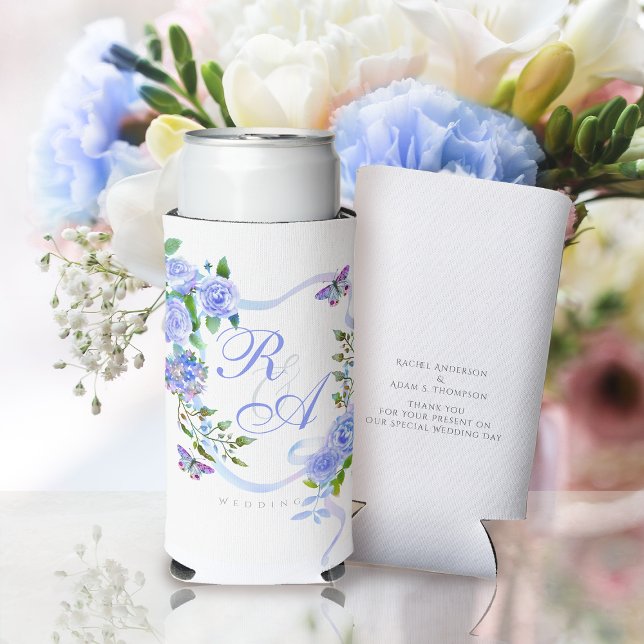 Rafraîchisseur Pour Canette Slim Bleu Rose ruban Monogramme Can Cooler (Blue Rose Ribbon Monogram Can Cooler)