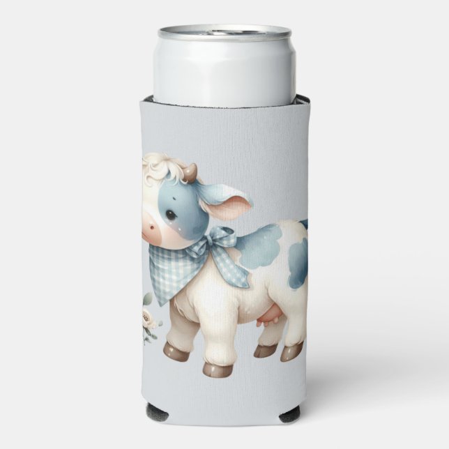 Rafraîchisseur Pour Canette Slim Blue Gingham Baby Cow Pastel Farm Aesthetic (Seltzer Recto)