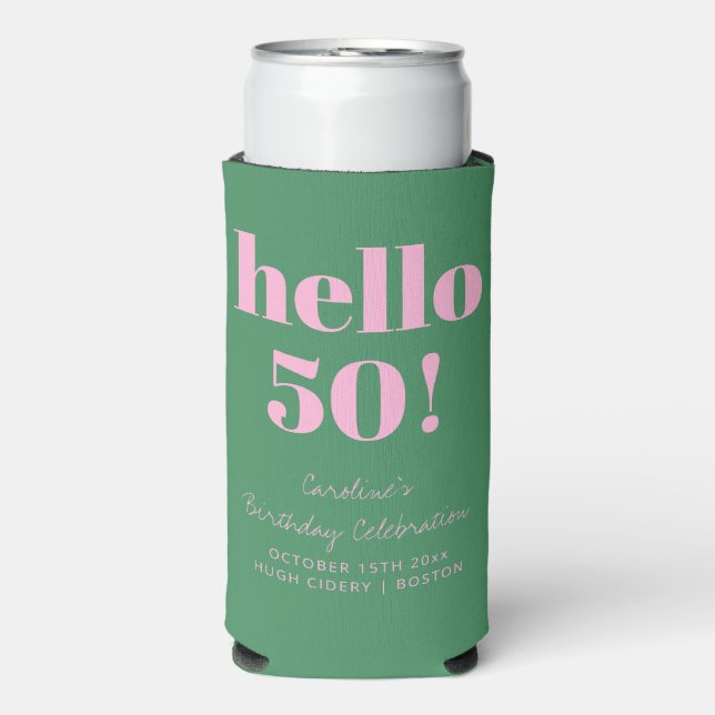 Rafraîchisseur Pour Canette Slim Bold Pink and Green Modern 50th Birthday Custom (Seltzer Recto)