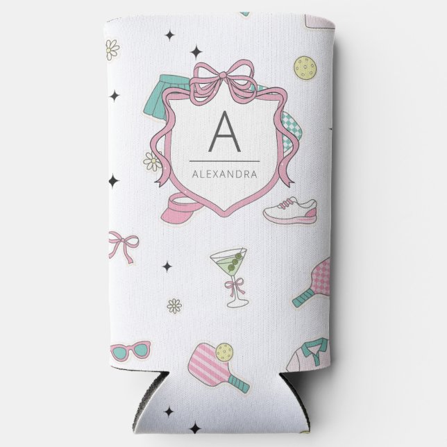 Rafraîchisseur Pour Canette Slim Cadeau de pickleball rose monogramme pour elle (Recto)