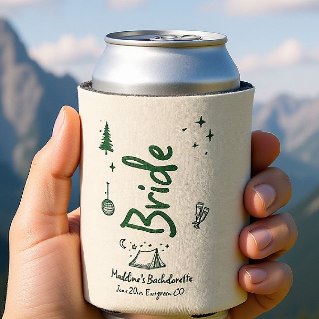 Rafraîchisseur Pour Canette Slim Camp Bachelorette mariée main tiré vert écrit (camp bachelorette can cooler personalized bride camping hand drawn written girls trip bach)