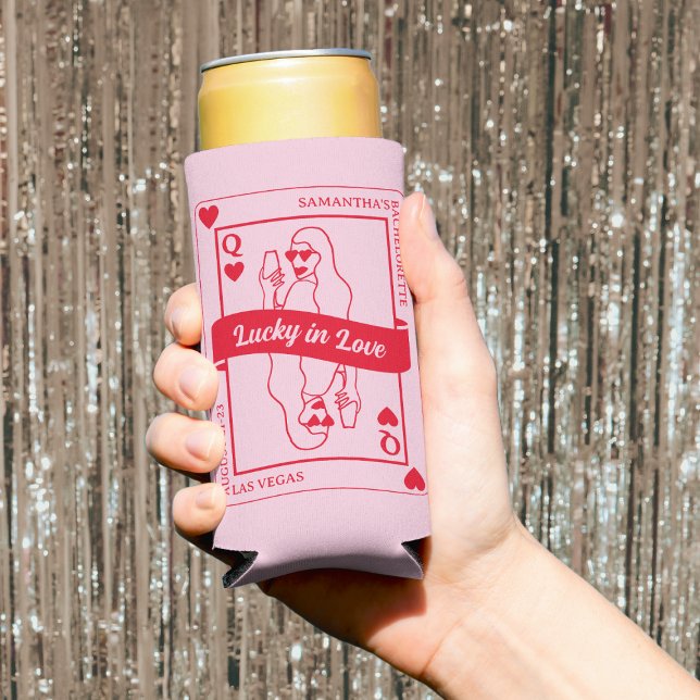 Rafraîchisseur Pour Canette Slim Chanceux en amour Rose et Rouge Bold Enterrement d (Lucky In Love Bold Pink & Red Bachelorette Seltzer Can Cooler)