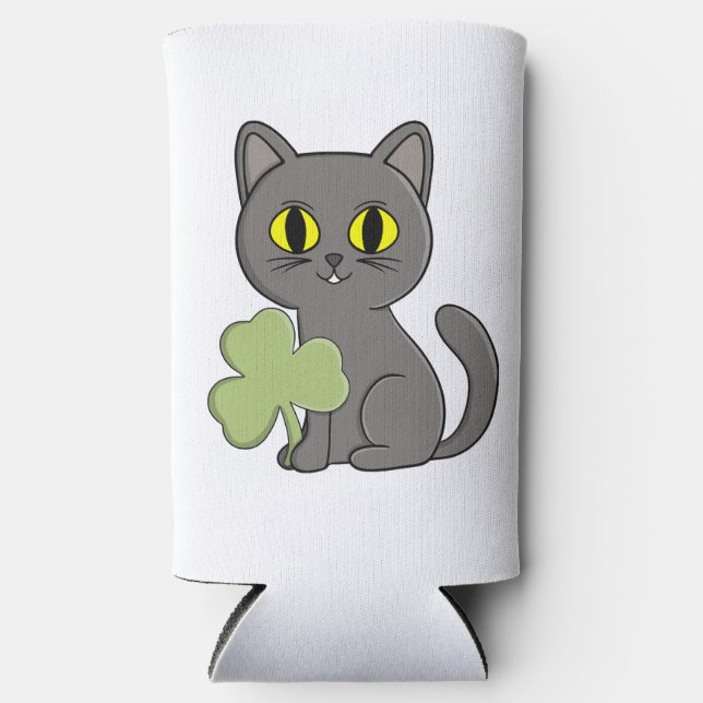 Rafraîchisseur Pour Canette Slim Charme Trèfle Shamrock Chat Gris (Recto)