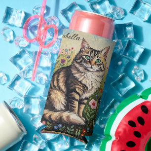 Rafraîchisseur Pour Canette Slim Chat tigré gris et fleurs d'art populaire 