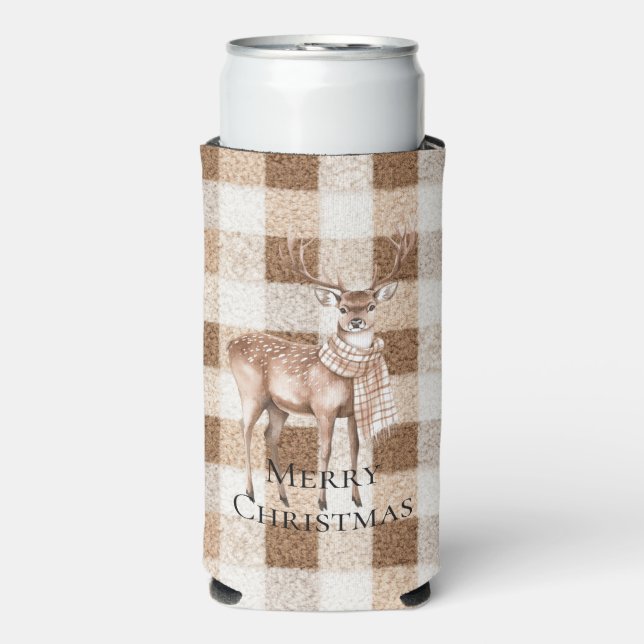 Rafraîchisseur Pour Canette Slim Christmas Rustic Cream Brown Plaid Deer (Seltzer Recto)