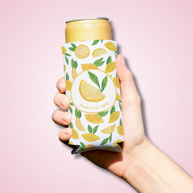 Rafraîchisseur Pour Canette Slim Citrus Lemon motif (Lemon patterned can cooler with white background, perfect for summer celebrations & birthday parties)