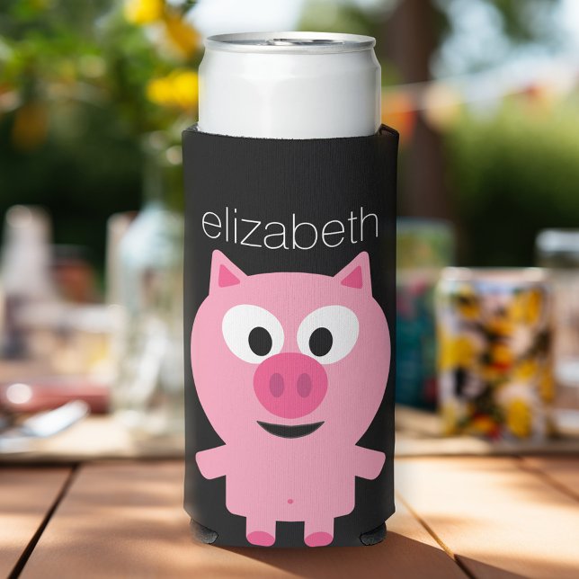 Rafraîchisseur Pour Canette Slim Cochon de ferme en caricatures - rose et noir (Personalized Seltzer Cooler - add custom text and more)