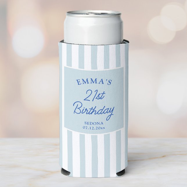 Rafraîchisseur Pour Canette Slim Custom 21st Birthday Preppy Blue Striped Party (Créateur téléchargé)