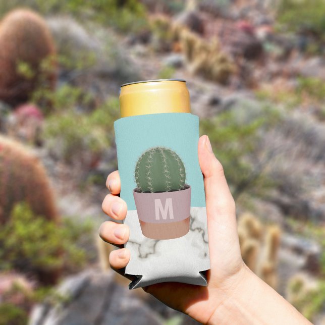 Rafraîchisseur Pour Canette Slim Cute Cactus Plante Maman Marbre Monogramme Moderne (Love cacti and can coolers? Add your initials to this one. Makes a lovely gift for the Plant Mom)