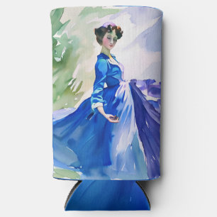 Rafraîchisseur Pour Canette Slim Dame en Robe Bleue - Peinture aquarelle