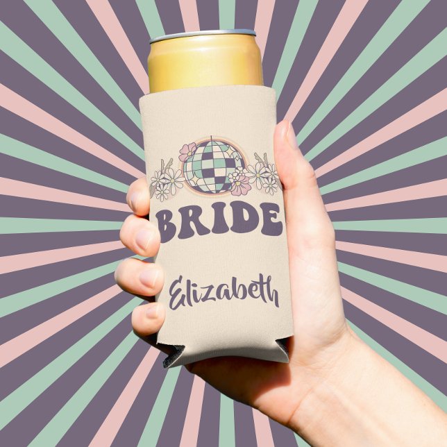 Rafraîchisseur Pour Canette Slim Dernière disco rétro Bachelorette (A cute seltzer cooler for the bride to be at her last disco.  )