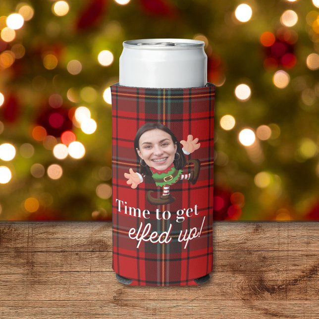 Rafraîchisseur Pour Canette Slim Drôle Visage photo Elfed Up Cadeau personnalisé de (funny photo face seltzer can cooler for christmas with red plaid background and elf design for her)