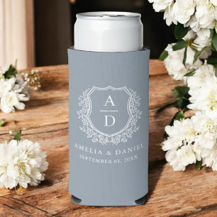 Rafraîchisseur Pour Canette Slim Dusty Blue Crest Moderne Monogramme Mariage