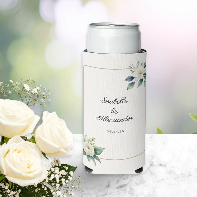 Rafraîchisseur Pour Canette Slim Elegant White Floral and Gold Frame Wedding (A floral can cooler wedding favor, personalized with the newlyweds' names and wedding date)
