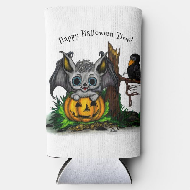 Rafraîchisseur Pour Canette Slim En attente d'Halloween, Bat mignonne et Corbeau (Recto)
