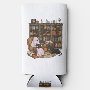 Rafraîchisseur Pour Canette Slim Fantôme lisant un livre Amateur de chat Halloween