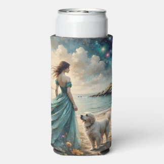 Rafraîchisseur Pour Canette Slim Femme en robe avec chien - Plage du phare