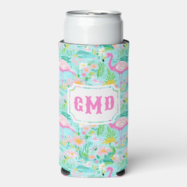 Rafraîchisseur Pour Canette Slim Flamant rose d'été de Preppy | Monogramme (Seltzer Recto)