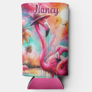 Rafraîchisseur Pour Canette Slim Flamants roses roses tropicaux Palmiers Personnali