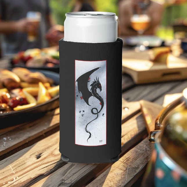 Rafraîchisseur Pour Canette Slim Fleurs rouges bleues Dragon noir (Créateur téléchargé)