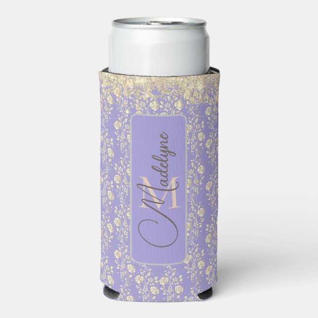 Rafraîchisseur Pour Canette Slim Floral d'or Monogram sur Lavender (Seltzer Recto)