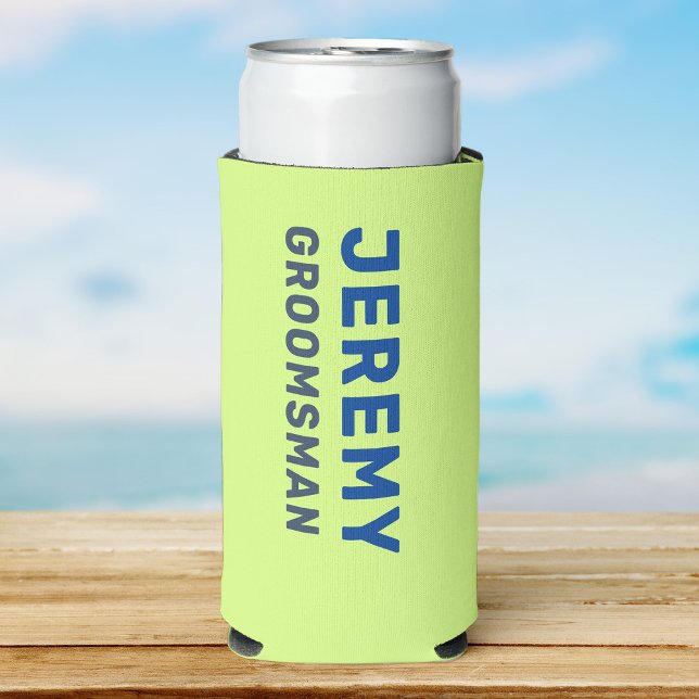 Rafraîchisseur Pour Canette Slim Fun personnalisé moderne Cool Bachelor Trip d'été  (a lime green seltzer can cooler with blue simple font reading Jeremy and groomsman smaller. )