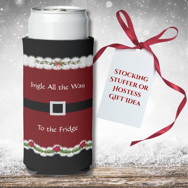 Rafraîchisseur Pour Canette Slim Funny Red Père Noël Costume Jingle Tout Le Chemin  (This hilarious Santa Suit can cooler makes a great stocking stuffer for your holiday party.)